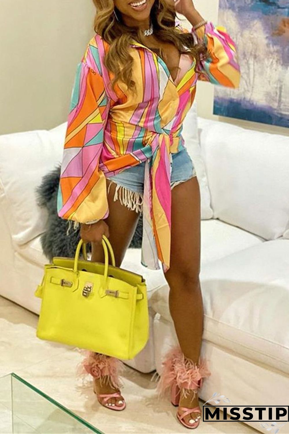 Pink Fashion Casual Print Bandage Patchwork Turndown Collar Plus Size Tops