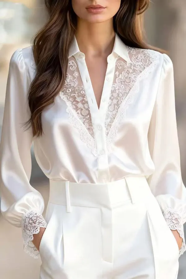 Solid Color Satin Patchwork Lace Casual Long-sleeved Button-down Shirt