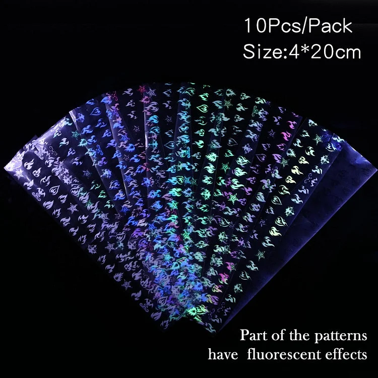 10pcs Luminous Fire Butterfly Nail Foil Set Nail Art Transfer Sticker Decals Yellow Blue Transfer Slider Paper Decoration