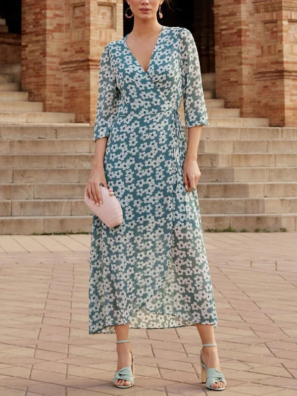 Crossover V-neckline Printed Adjustable Women's Dress
