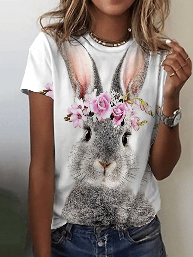 Women's Easter Cute Bunny Print O-neck Short Sleeve T-shirt socialshop