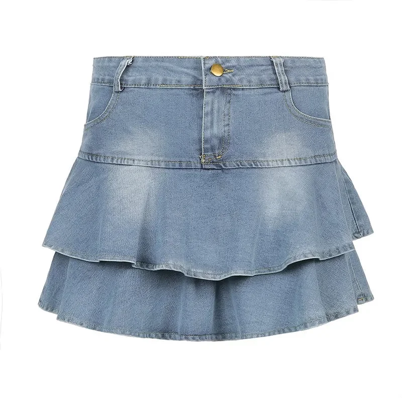 Huibahe Vintage Denim Skirt Shorts Women Summer Korean Fashion High Waist A-line Slim Cute Sexy Mini Jean Ruffle Skirt Female