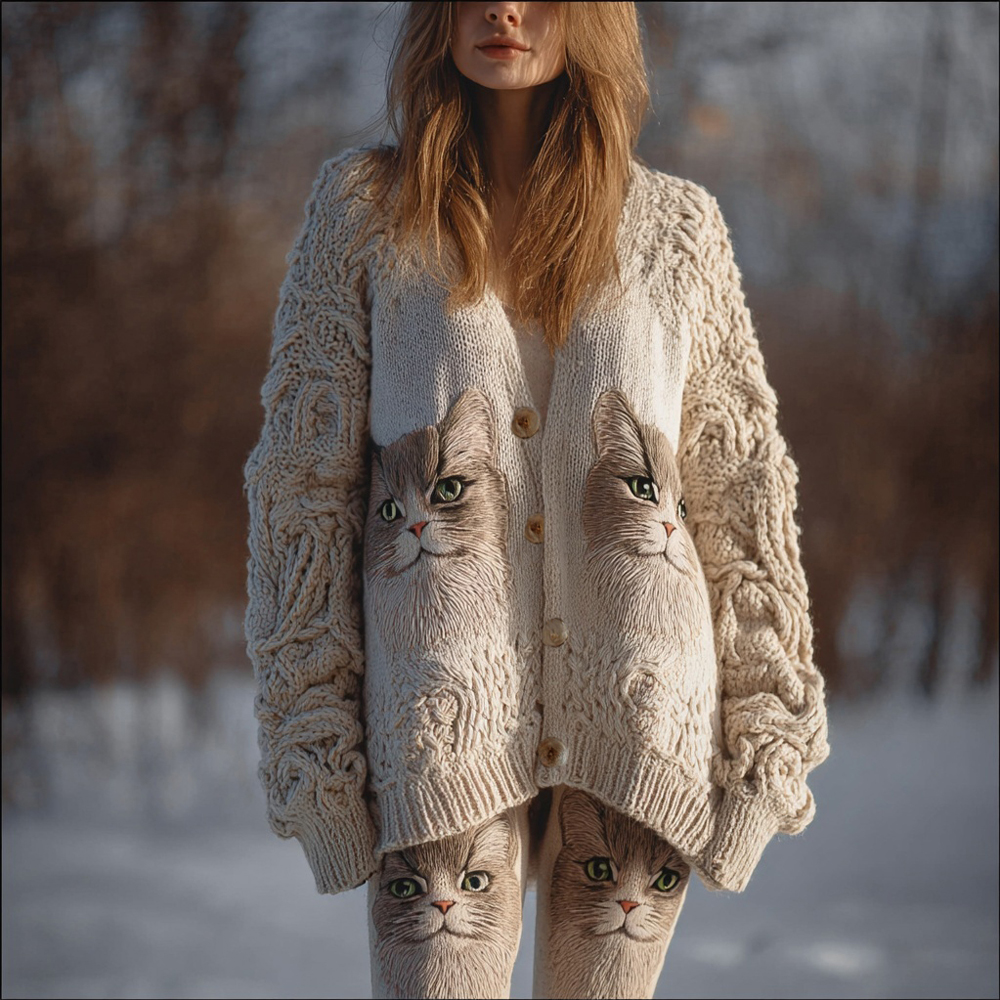 Cute Cat Face Embroidered Cozy Sweater Cardigan