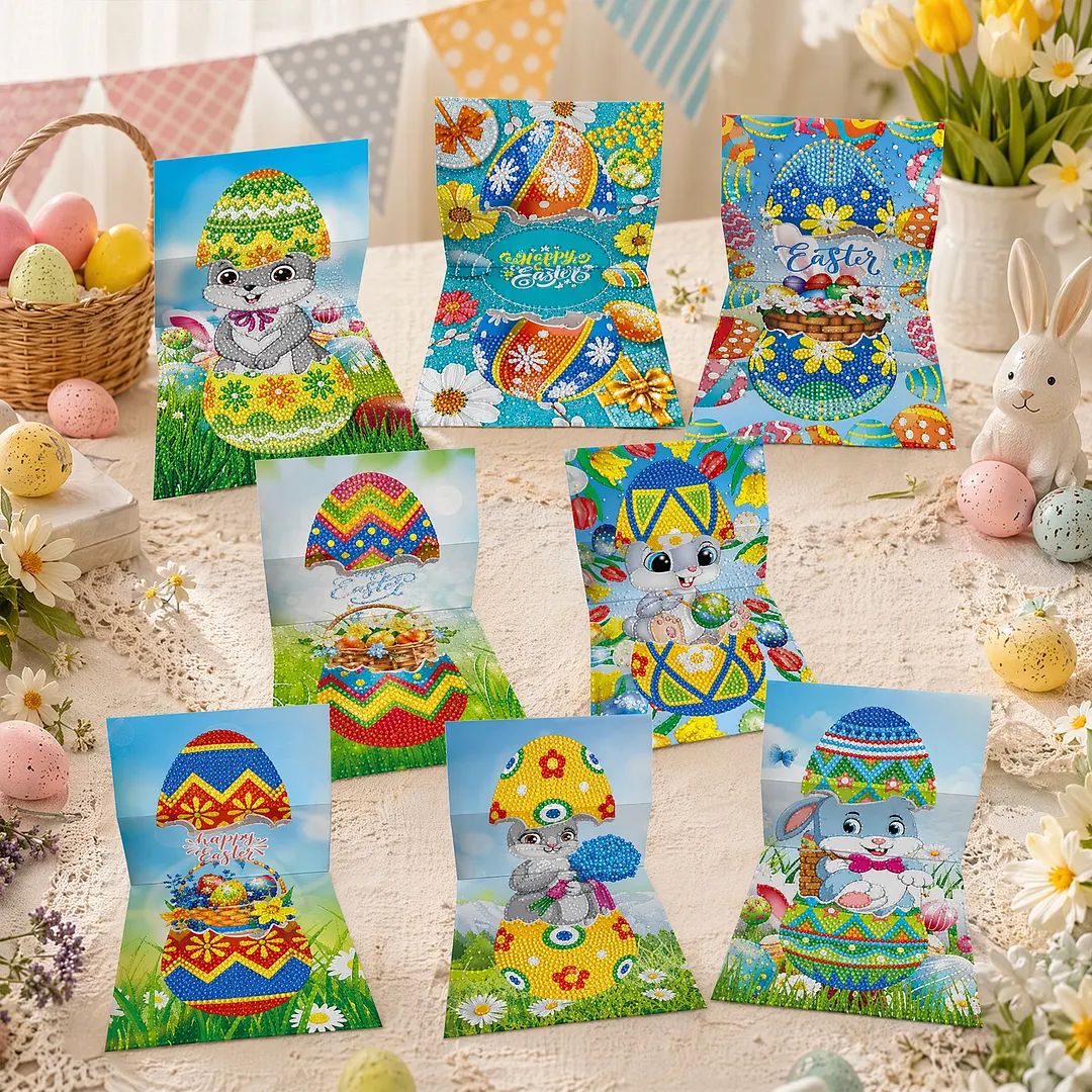 8PCS Easter Egg DIY Diamond Painting Greeting Card Kits with Envelopes Diamond Art Greeting Cards Diamond Art Cards Kits for Adults DIY Crafts Family Friend Gifts