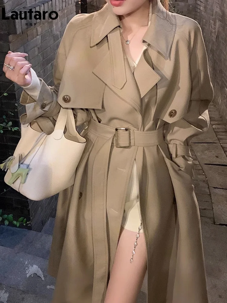 Huiketi Spring Autumn Long Khaki Trench Coat for Women Belt Double Breasted Loose Casual Runway Luxury Designer Clothes 2023