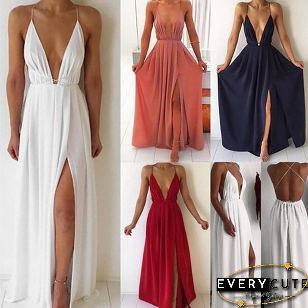 Women Fashion Sexy V-neck Sling Halter Chiffon Bohemian Split Sleeveless Solid Color Dress