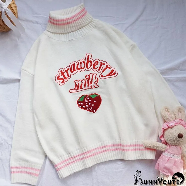 Kawaii Strawberry Milk Letter Turtleneck Sweater