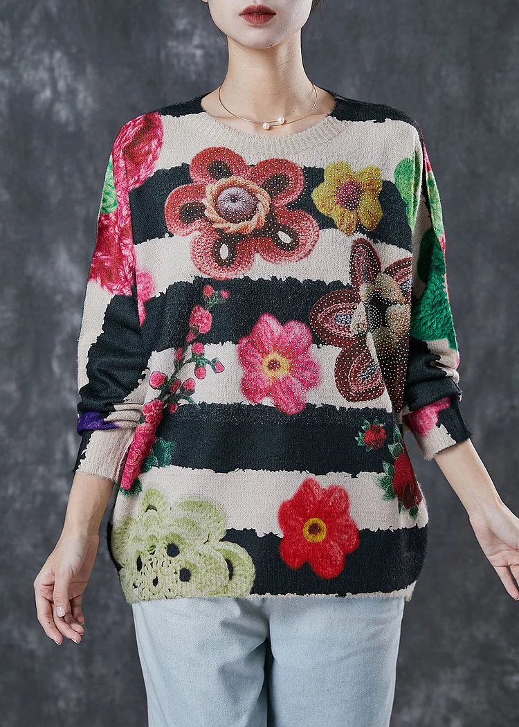 Fashion Oversized Print Zircon Knit Sweater Tops Winter