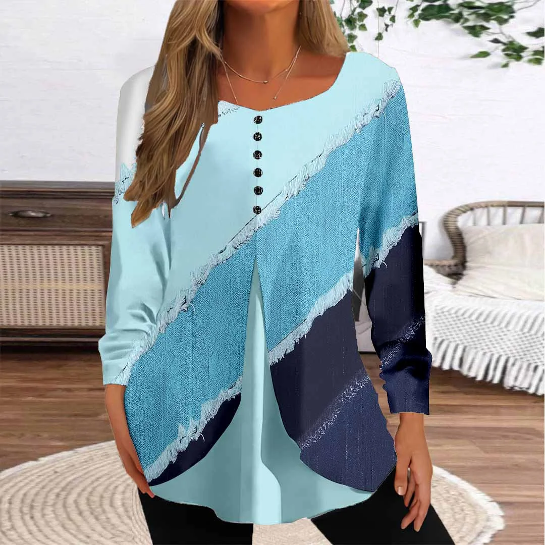 Women Striped,Colorblock,Blue DZGG8021 Long Sleeve Scoop Neck Printed Graphic Button Fake 2in1 Tops