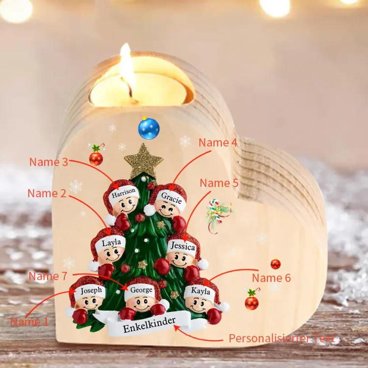Herzform Kerzenhalter Personalisierte 7 Namen & Text Weihnachtsbaum & 7Kinder Kerzenhalter
