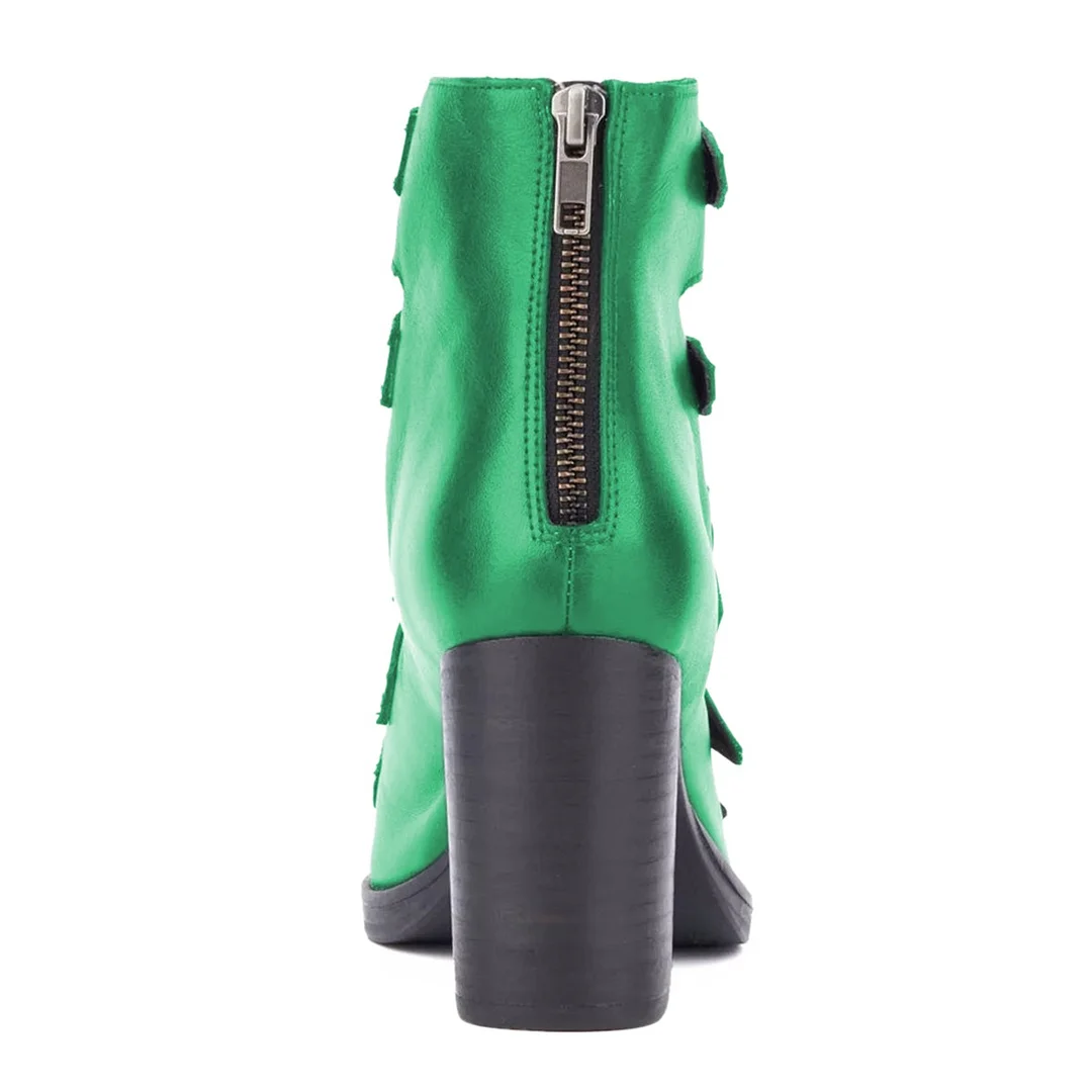 Green Peep Toe Chunky High Heel Buckled Hollow-Out Summer Sandals