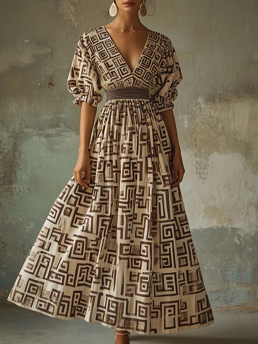 Geometric Maze Print V - Neck Maxi Dress