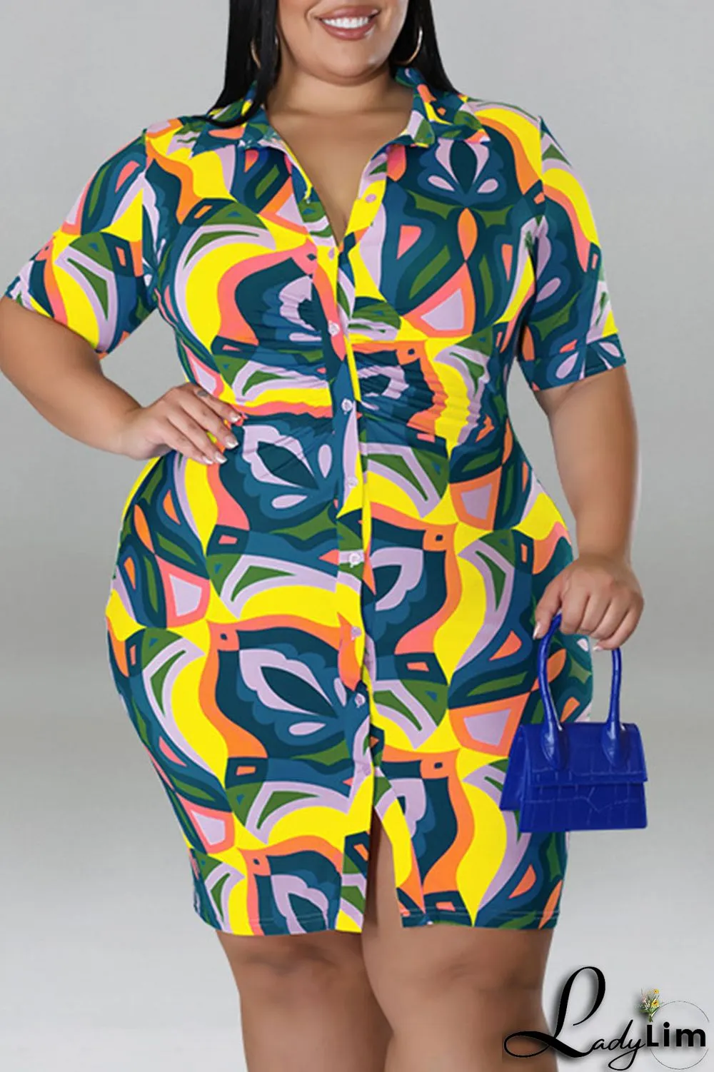 Coffee Casual Print Patchwork Buckle Turndown Collar Shirt Dress Plus Size Dresses