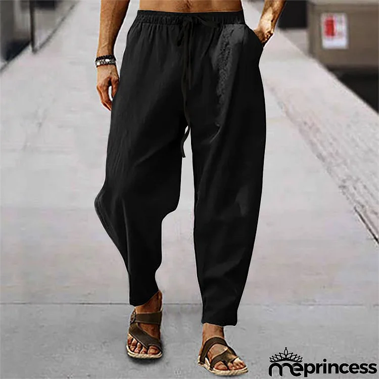 Men Summer Fashion Casual Solid Color Drawstring Waist Plus Size Straight Pants
