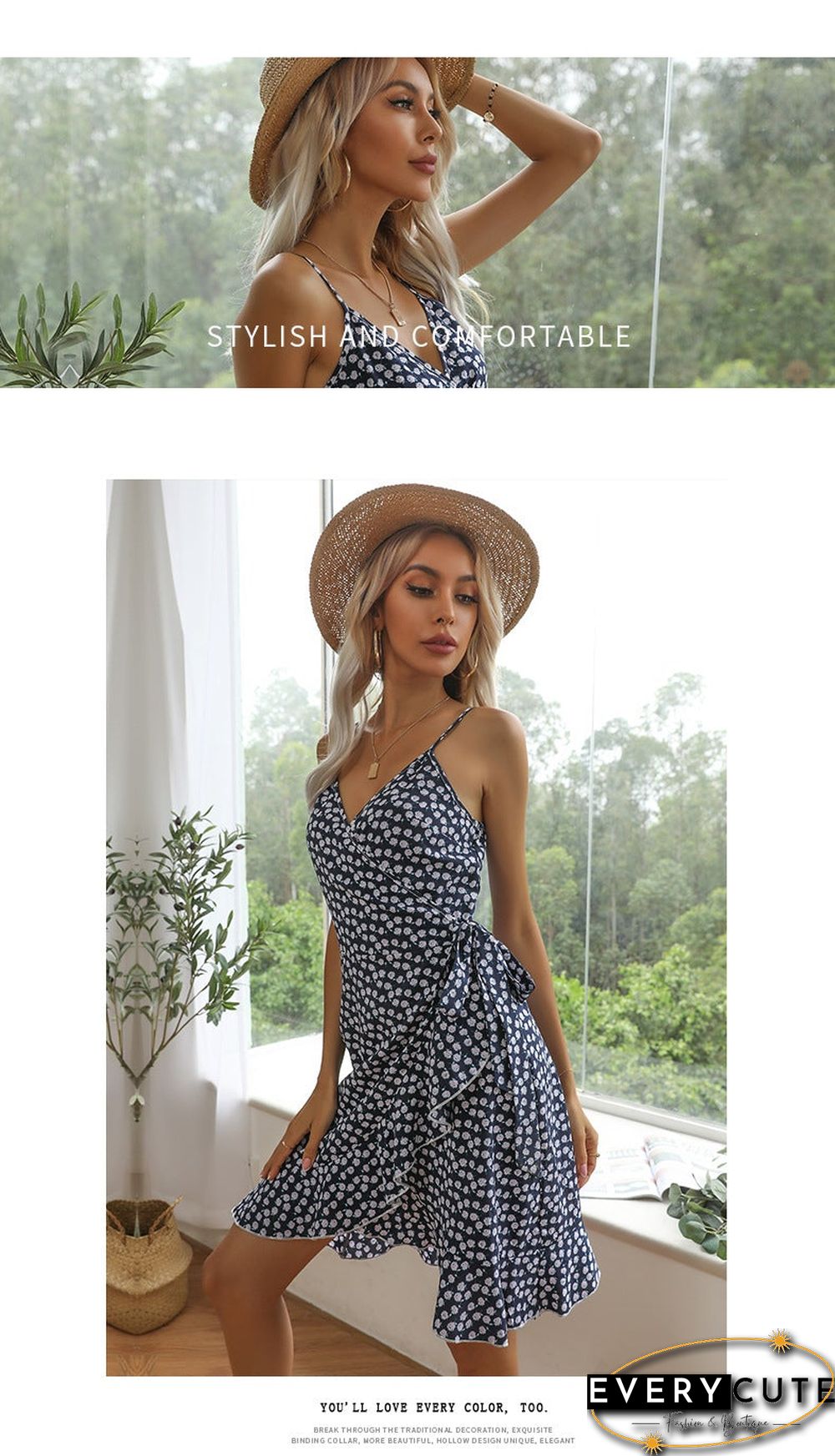 Summer Printing Irregular Ruffled Suspenders Dress Women