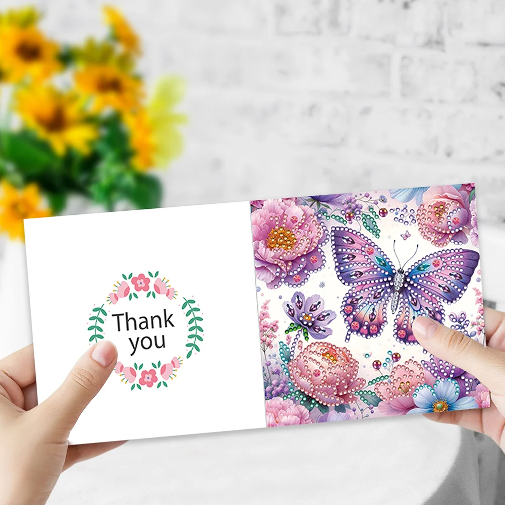 6Pcs Butterfly Rose DIY Diamond Painting Greeting Card 5D Drill Painting Card【With White Envelope】