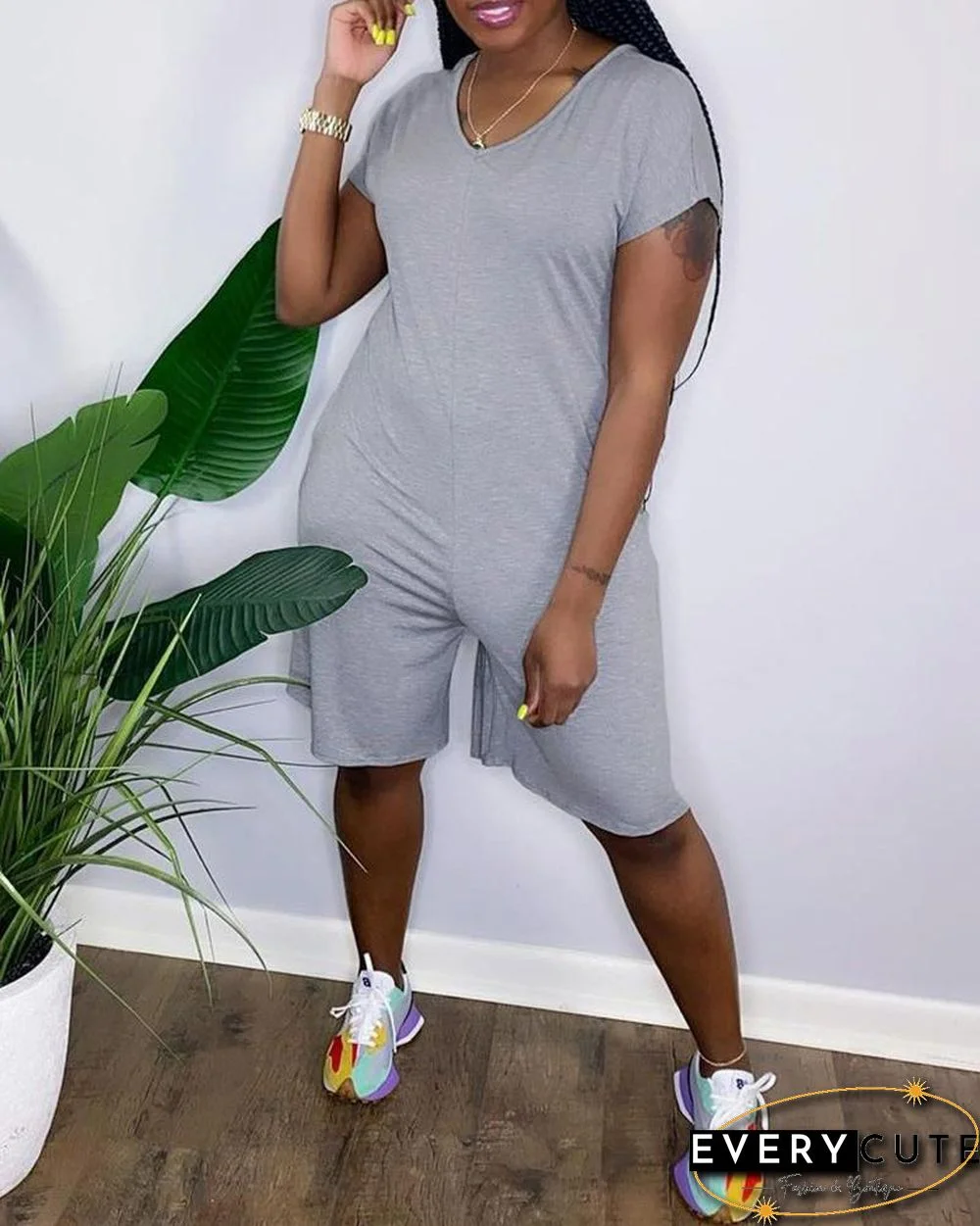 Short Sleeve V-Neck Plain Romper