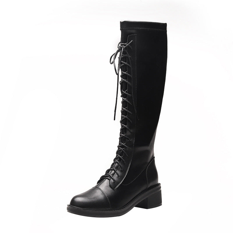 Women's black chunky knee high combat boots with back zipper fashion winter boots
