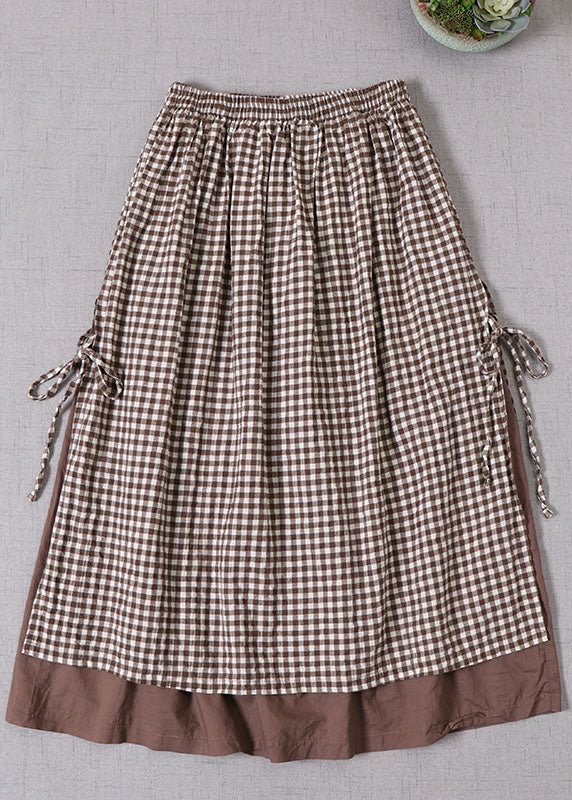 French Coffee Plaid side open tie Skirt Spring CK1913- Fabulory