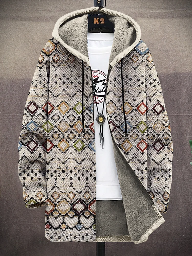 Men's Colorful Geometric Patterns Print Fleece Lined Hooded Trench Coat