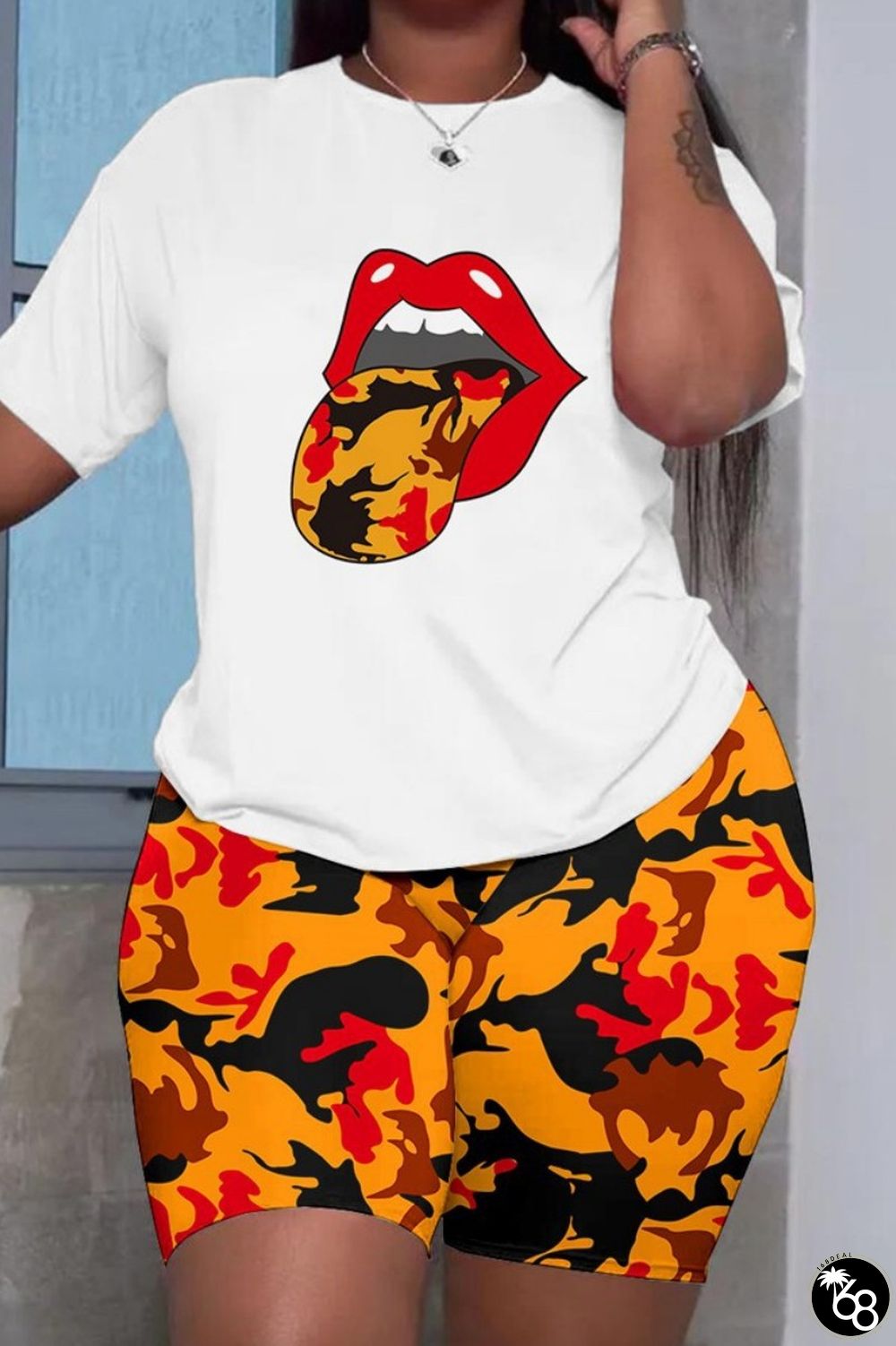 Tangerine Red Casual Print Basic O Neck Short Sleeve Two Pieces | 168DEAL