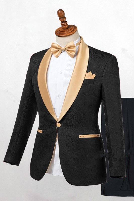 Modern Jacquard Black Tuxedo Wedding Suit With Gold Shawl Lapel | Ballbellas Ballbellas