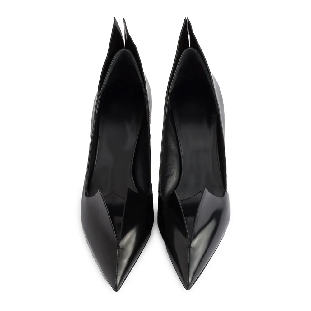 Trendy Cut-Out Mid Flared Heel Pointed Toe Black Pumps for Women