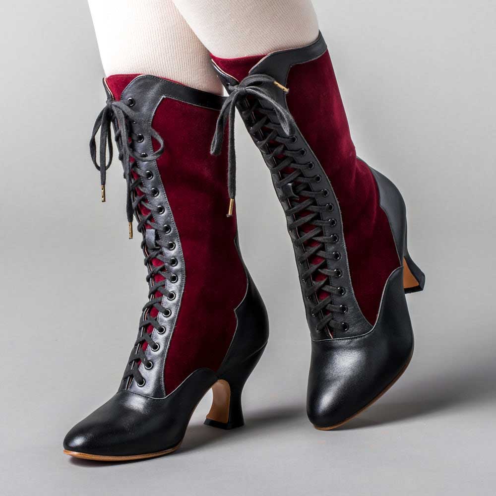Black & Maroon Almond Toe Lace-Up Mid-Calf Boots with Chunky Heel Nicepairs