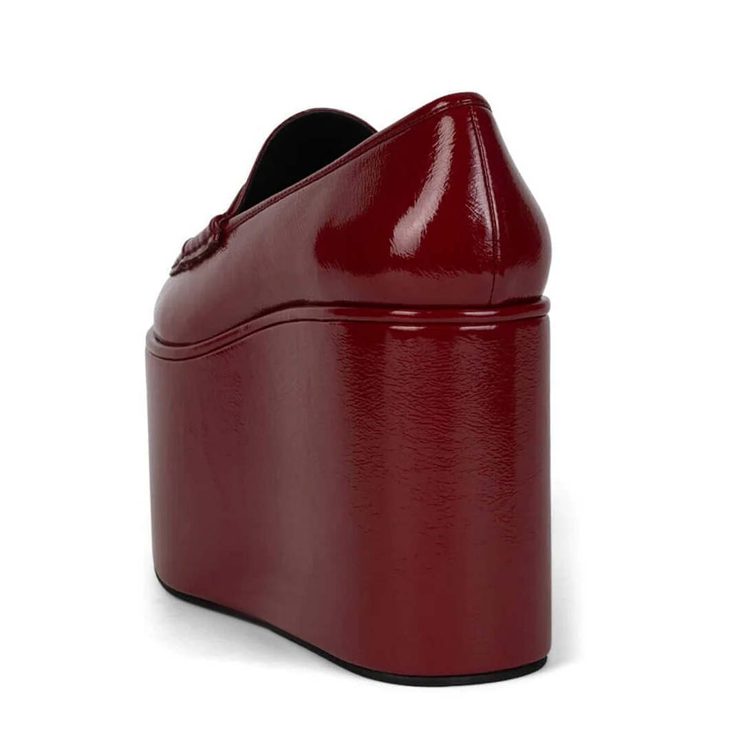 Maroon Almond Toe Bold Platform Wedge Heel Glossy Loafers
