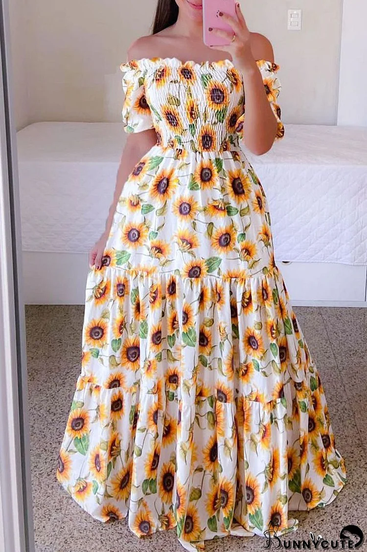 Yellow Casual Sweet Print Split Joint Fold Off the Shoulder Printed Dress Dresses