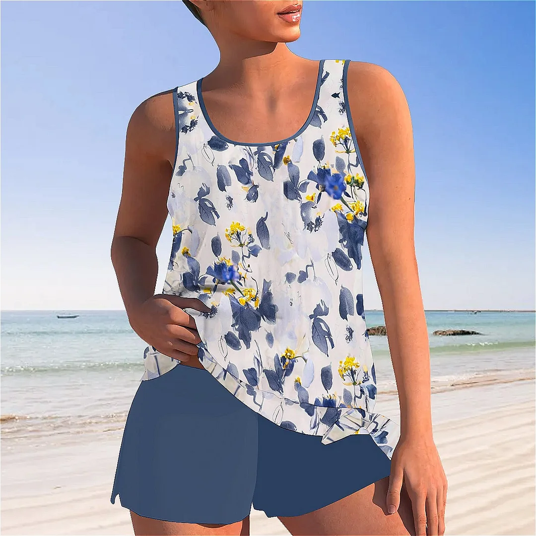Bowknot Floral,Dark Blue,Yellow Mid Waisted Tankini Set - Plus Size Available