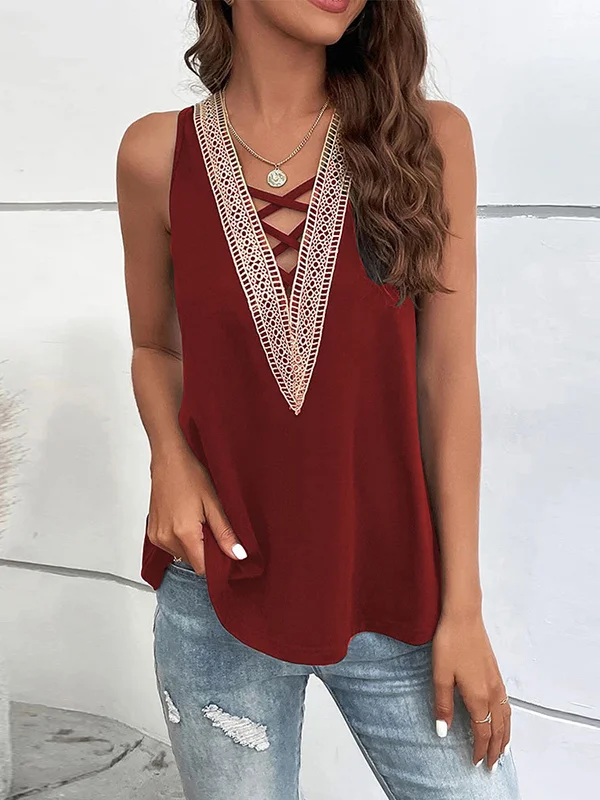 Split-Joint Hollow Sleeveless Loose V-Neck Vest Top