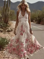 Vintage Pink Roses Embroidered Lace Patchwork Linen Tank Dress