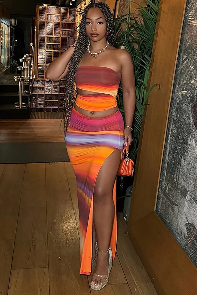 Strapless Cutout Crop Top Gradient Color High Slit Maxi Skirt 2pcs Set-Orange
