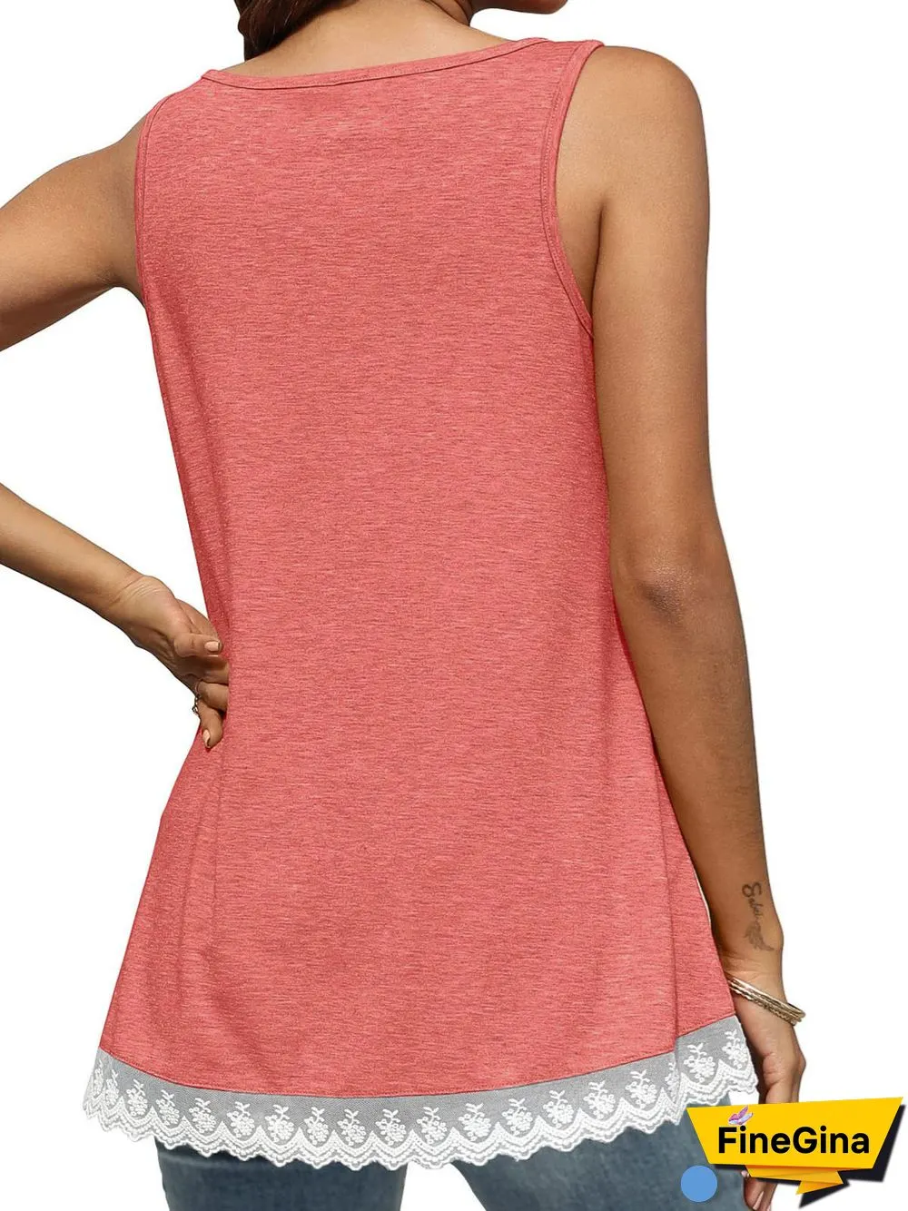 Women's Sleeveless Scoop Neck Large Swing Lace-paneled Top