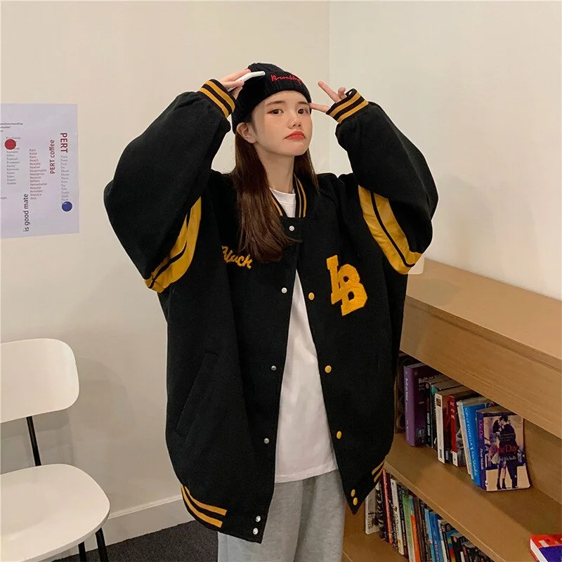 NEEDBO Single Breasted Spliced Letter Brand Clothing Bomber Jacket Women Loose Baseball Uniform Female Winter Coat BF Sweater