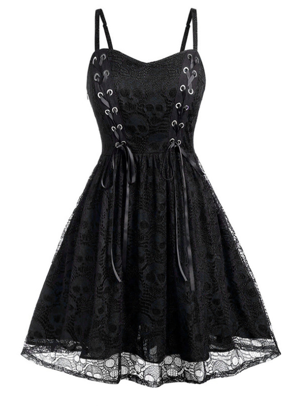 Gothic Dark Skull Lace-up Paneled Bandaged Mesh Spaghetti Midi Dress 