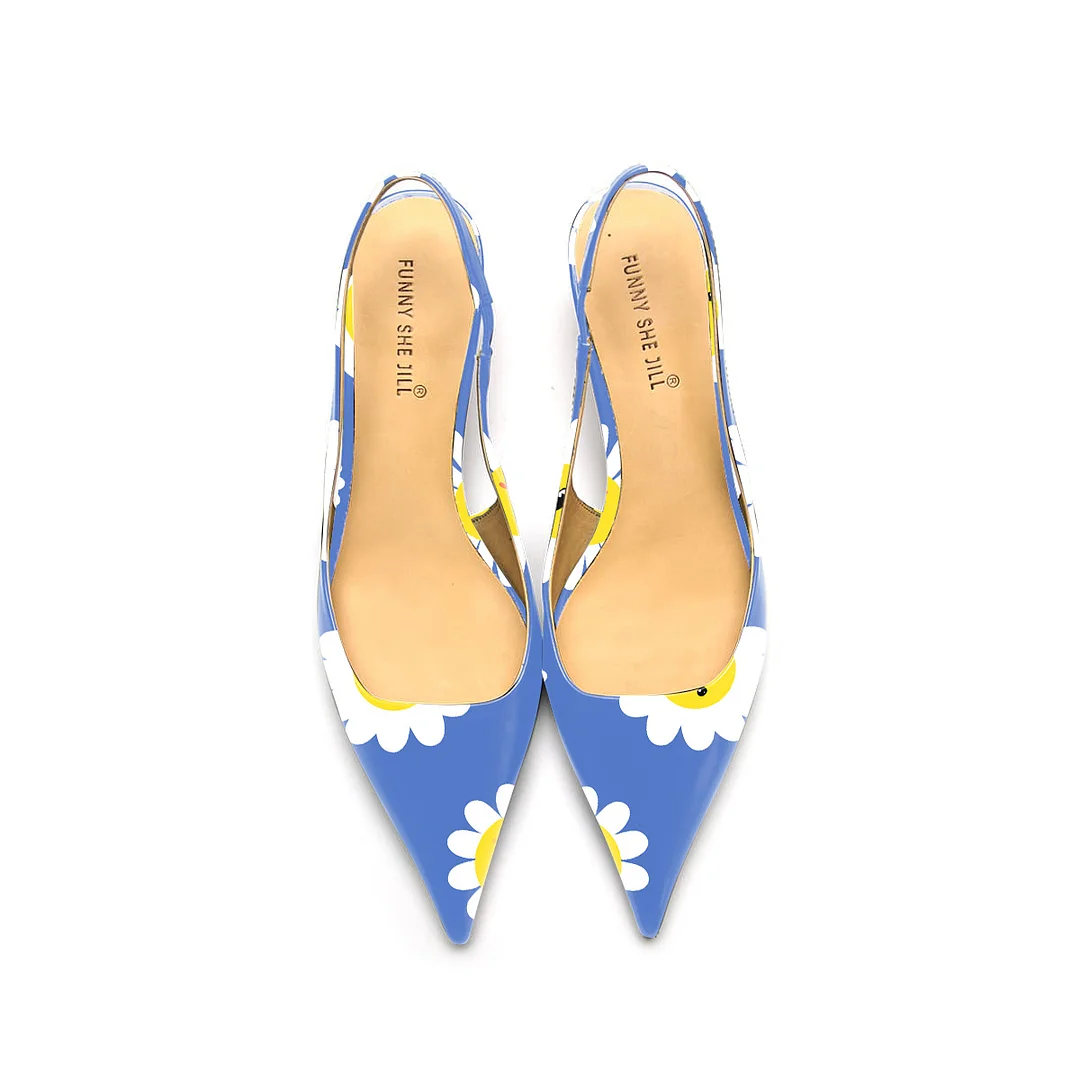 Blue Daisy Pattern Patent Leather Pointed Toe Elegant Kitten Heel Slingback Dress Pump Shoes