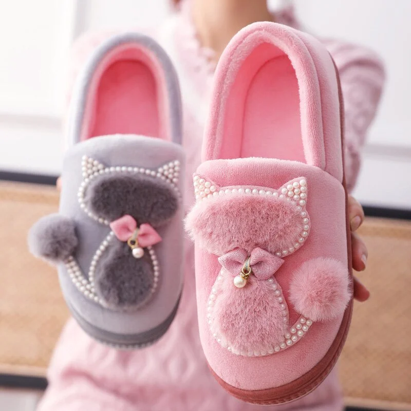 Winter Women Slippers Shoes Home Cute Thick Bottom Cat Warm Plush Ladies Shoe Fashion Flat Platform Female Casual Shoes 2021 New