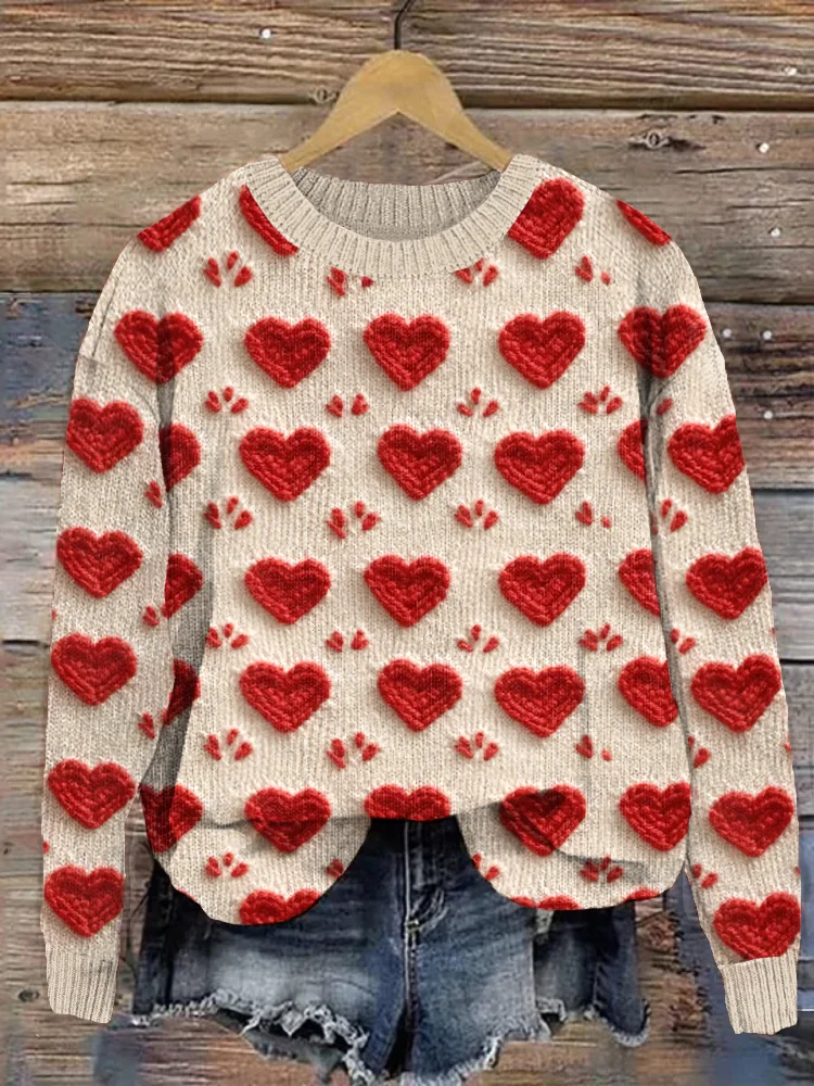 Comstylish Valentine's Day Heart Knit Art Casual Cozy Sweater