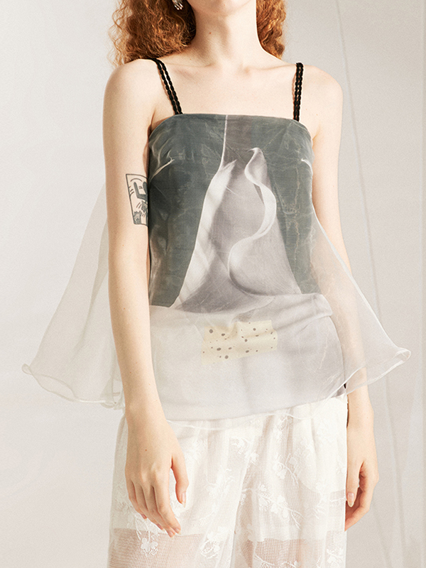 Spaghetti Strap Mesh Double Tiered Pleated Blouses