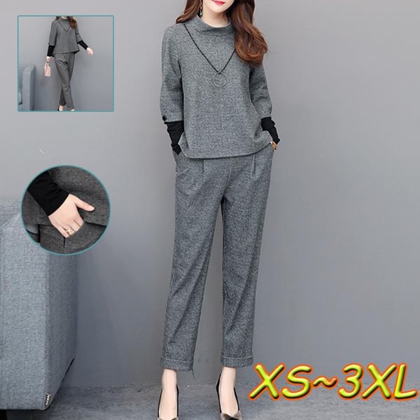 Autumn Grey Elegant Two Piece Sets Outfits Women Plus Size Fake Two Pieces Tops And Pants Suits Office Korean Ladies Sets - Shop Trendy Women's Fashion | TeeYours