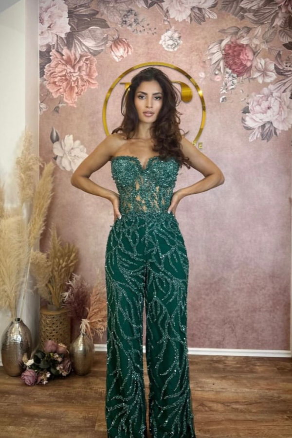 Dark Emerald Sequins Strapless Unique Jumpsuit | ZT0164