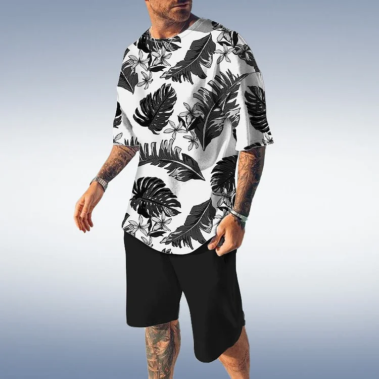 BrosWear Casual Tropical Leaves Print Crew Neck T-Shirt And Shorts Co-Ord