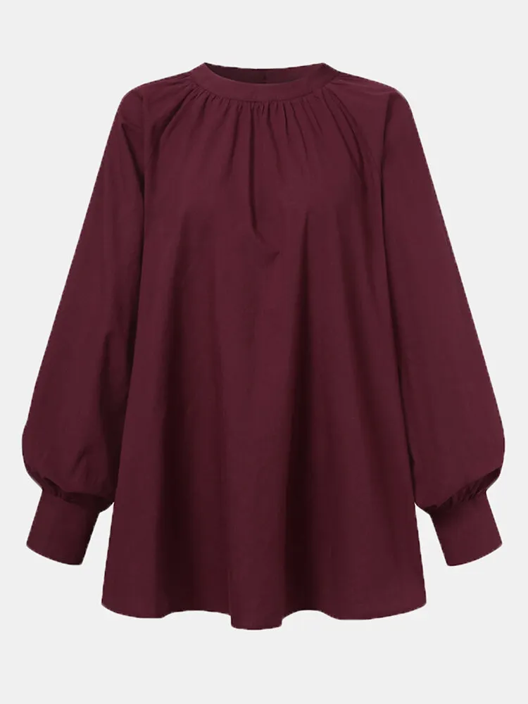 Solid Color Puff Sleeve Stand Collar Blouse