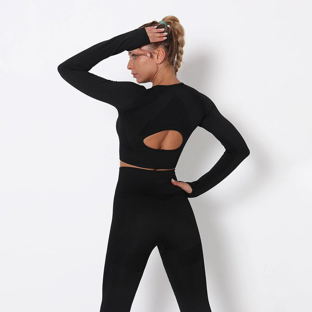 2020 New Women's Fitness T-Shirt Sport Crop Top Long Sleeve Layer Crew Neck Power Stretch Workout Crop Top Sexy Gym Clothing