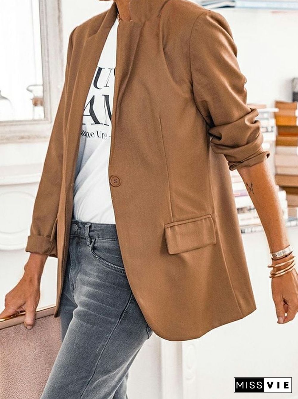 Fashionable Commuter All-Match Solid Color Long-Sleeved Suit Jacket