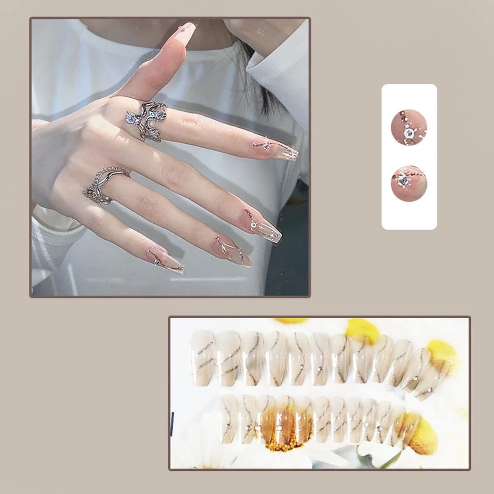 Press On Nails with line Small drill design Coffin False Nails Stick-on nails Full Cover Fake Nails Tips for nails Free shipping-Nail Inspo