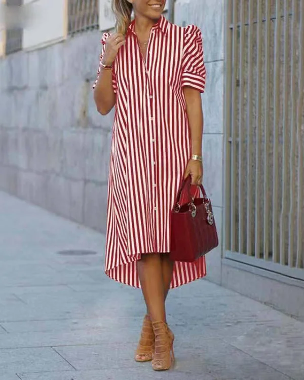 Women's Stripe Print Short Sleeve Casual Shirt Dress