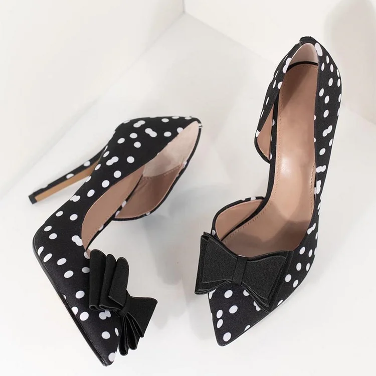 Black Satin Polka Dots Bow Stiletto Heels Pumps |FSJ Shoes